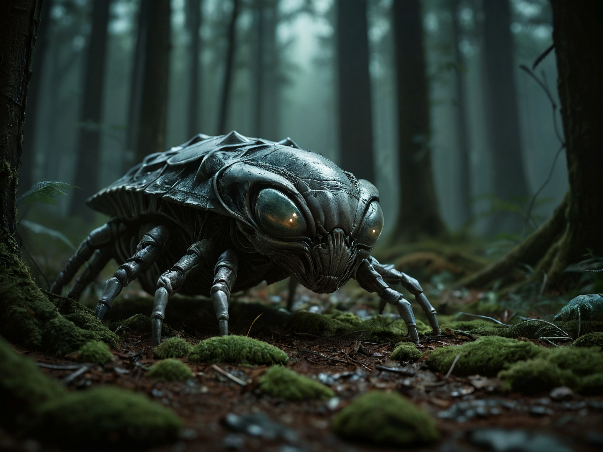award winning photo, 

3d, night,

a mysterious carapace, alien and threatening, lying in a dark and malevolent forest,