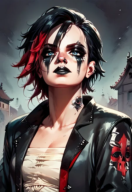 female focus, solo focus, solo, score_9, score_8_up, score_7_up, <lora:VIS2OutfitsV1.5:1> 1girl, GothVIv1, GothVifullmakeup, makeup, heavy makeup, facepaint, sarashi, piercing, short hair, bandages, jacket, black lips, blue eyes, detaield eyes, black hair, multicolored hair, red hair,