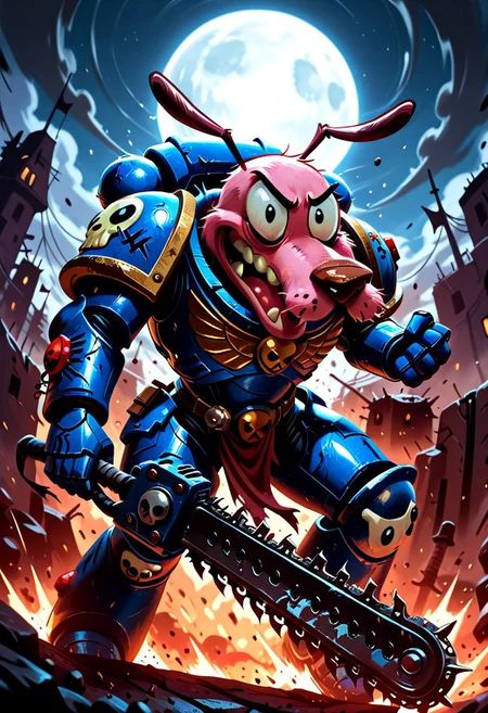 Masterpiece, best quality, absurdres, newest, highly detailed, 8k, c0ur4g3, pink dog, Courage the cowardly dog head, solo, UltraM40k, Ultramarine armor, holding chainsword, yelling, battlefield background, detailed background,