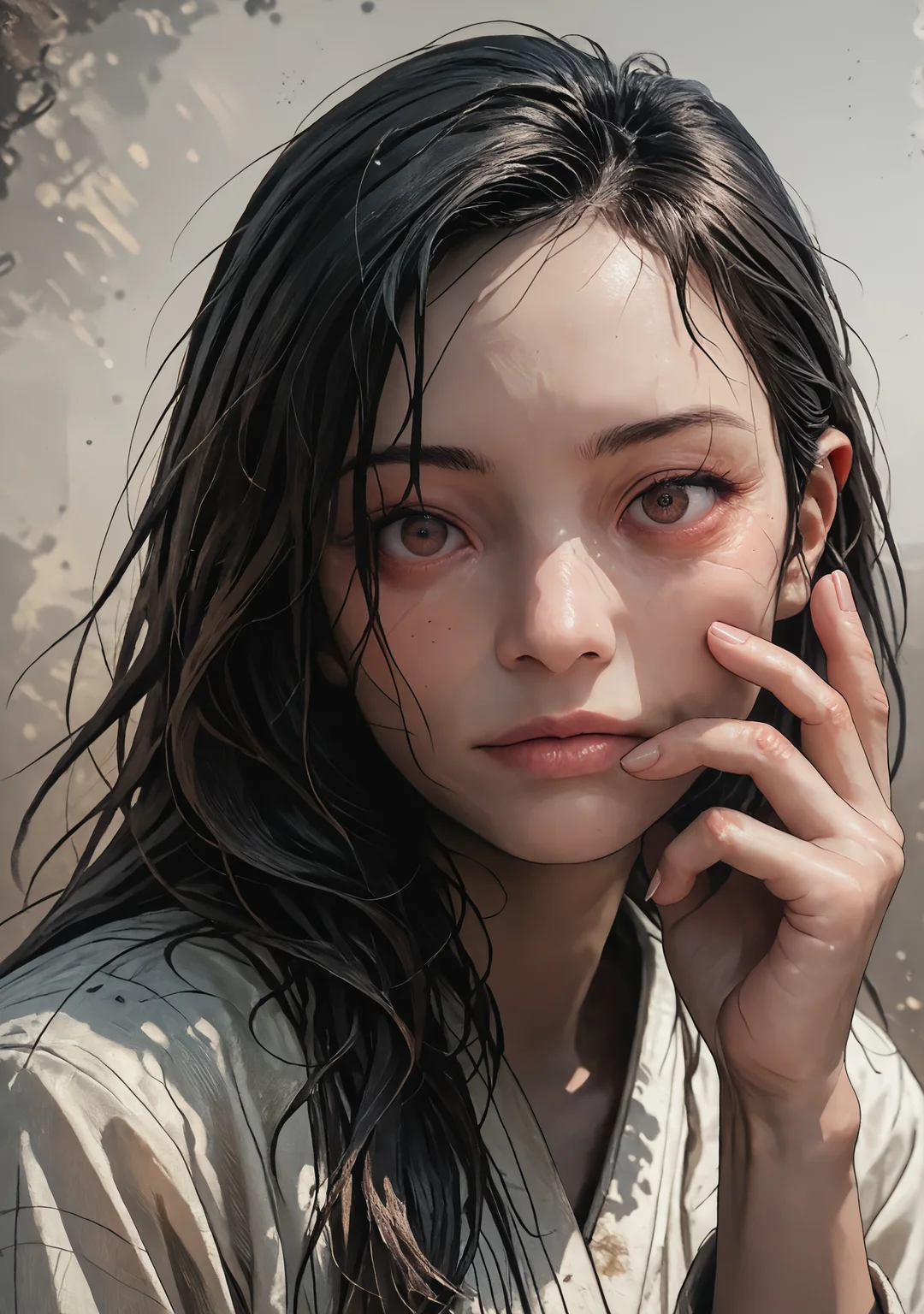 score_8_up, score_7_up, asian woman, slanted eyes, detailed iris, dark brown eyes, black hair, highly detailed face, touch her own cheek, five fingers per hand, detailed fingers, perfect hand, perfect contrasts, detailed nails, natural background, sharp lines