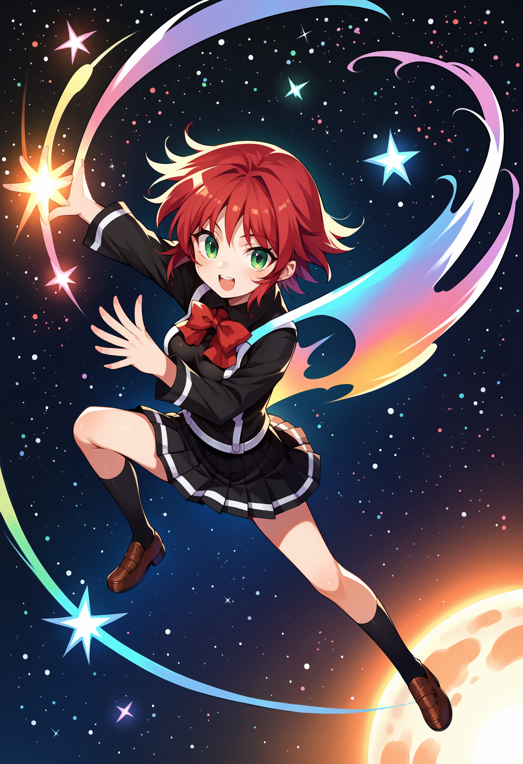 score_9, score_8_up, score_7_up, score_6_up, score_5_up, score_4_up, source_anime, 1girl, solo,  mmrukia, red hair, short hair, green eyes, school uniform,  <lora:RukiaQMA_PDXL:1.0>, flying, cosmos, uchuu, space, stars, colorful, dark hole,