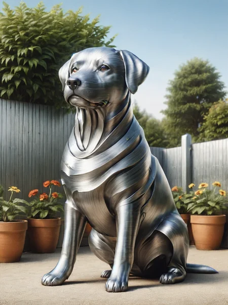 A ais-steelz dog sitting in the garden on a hot summer day <lora:Brushed_Steel_Style_SDXL:1>