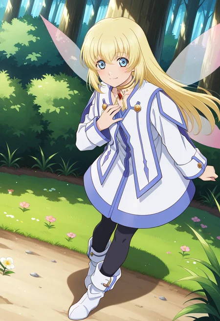 forest, flowers,
BREAK,
light smile, hand on chest,
full body, dynamic angle,
BREAK,
<lora:coletteXL_illustriousXL_v01:0.9>
fairy wings, pantyhose, wings, transparent wings, pink wings,
colettedef, blonde hair, blue eyes, long hair, hair between eyes,
choker, red gemstone, chest jewel, collarbone,
blue trim, white robe, white footwears, black pantyhose,, source_anime, very aesthetic, anime coloring, masterpiece,
best quality, amazing quality, ultra detailed, very aesthetic,
detailed background,
BREAK,