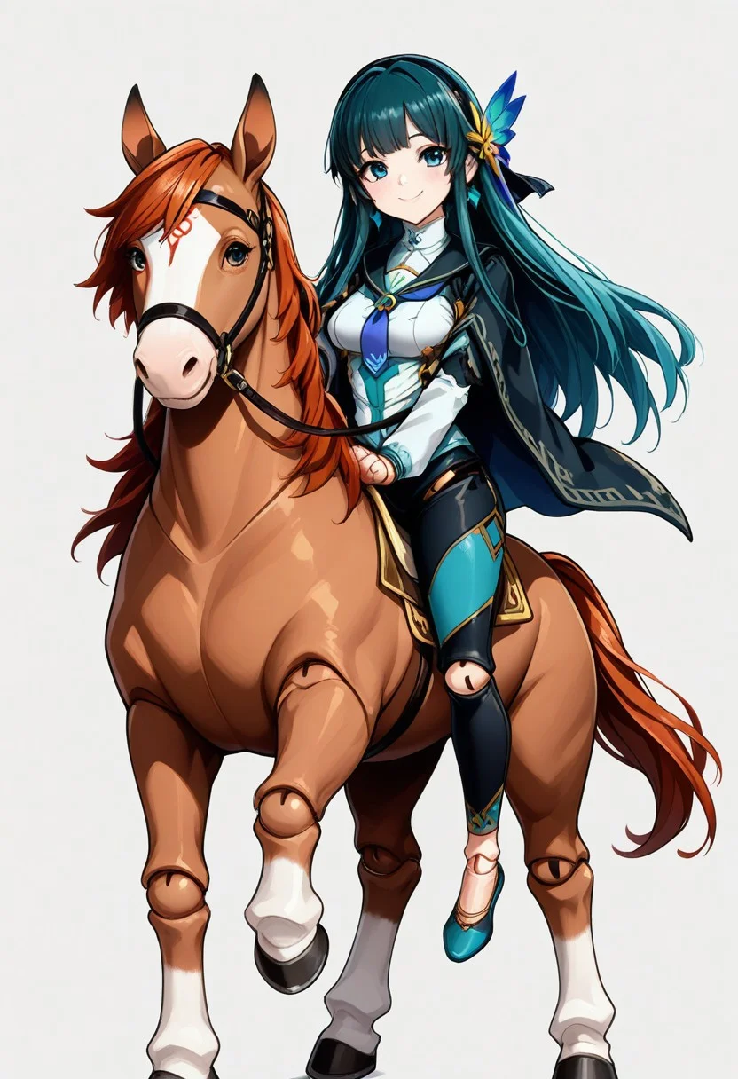 masterpiece, best quality, amazing quality BREAK zelda1x, tunicleggings, smile, riding epona, white background, se_doll_joints