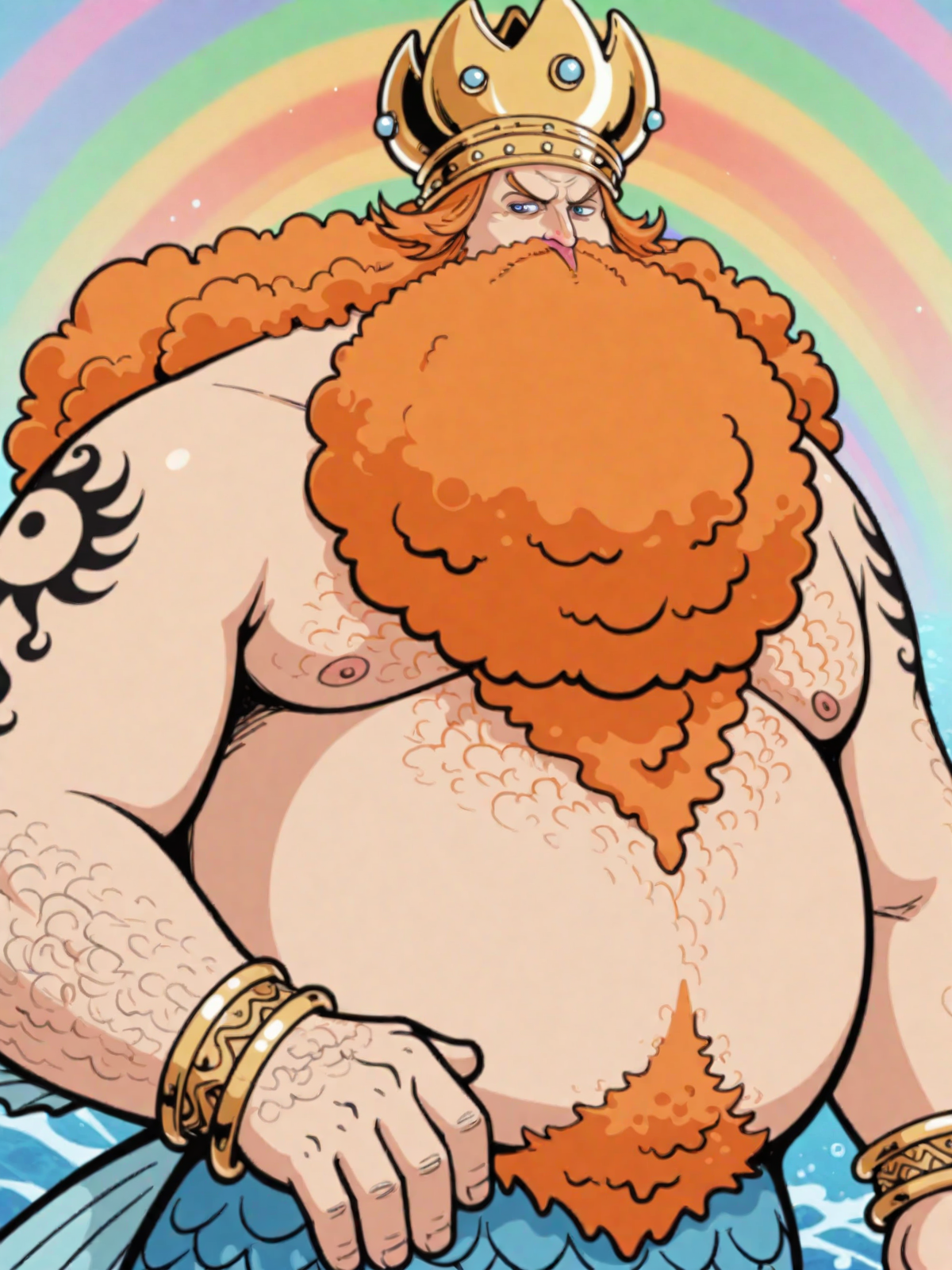 Stable_Yogis_Anatomy_Positives_V1,1boy,solo,neptune (one piece), blue eyes, orange hair, afro, long hair, beard, tattoo, chest hair, fat, mermaid, crown, bracelet, arm hair, lower body is fish body, fins,rainbow background,<lora:Neptune:0.7>