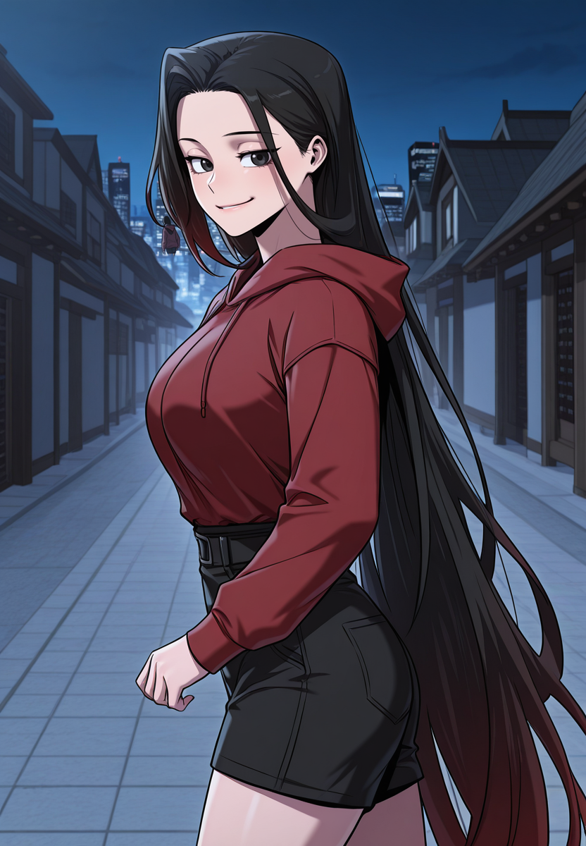 zPDXL3, score_9_up, score_8_up, score_7_up, ,Masterpiece,(perfect female body:1.2), small waist, (incredibly detailed:1.4), beautiful fingers, (large breasts:1.4)  looking at viewer, huge breasts, <lora:Gu_Huibi_-_Childhood_Friend_of_the_Zenith-Kaleid_Illustrious:1> guhuibi, 1girl, black hair, black eyes, very long hair, multicolored hair, hoodie, hooded jacket, red hoodie, black shorts, smile, outdoors, night city, from side, walking,
