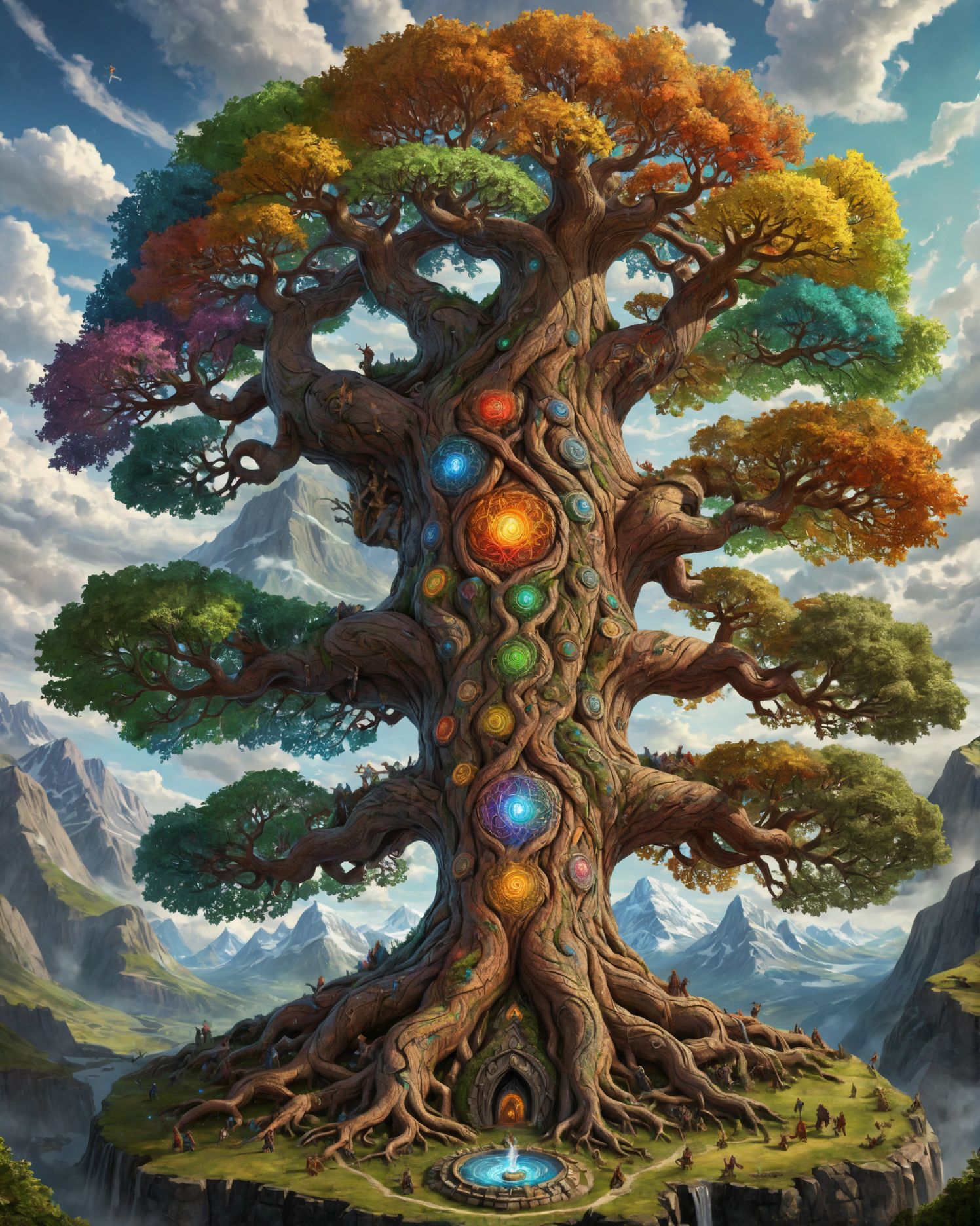 yggdrasil, giant tree, norse mythology, tree of life, gigantic, magical, radiant, colorful, bringer of life, connector of all the worlds, ancient, the nine realms, viking lore, highly detailed, absurdres,   <lora:add-detail-xl:1>,<lora:detailed_notrigger:1>
