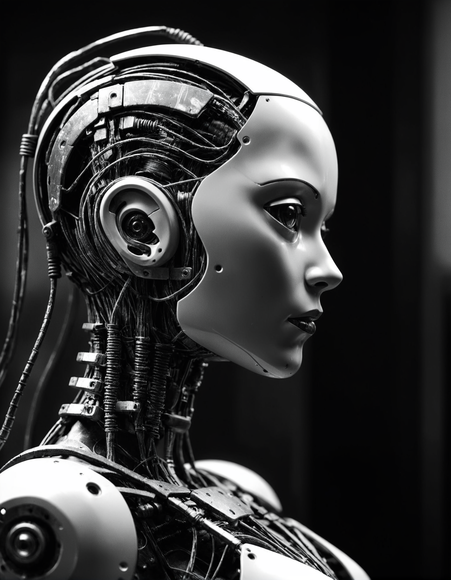cybernetic robot Talented [Zulu|Cyberpunk] Female Curate, android, AI, machine, metal, wires, tech, futuristic, highly detailed, monochrome grayscale black and white b&w cool shadows warm highlights soft focus black and white classic sound stage vintage film grain scratches patina directed cinematography movie film classic
