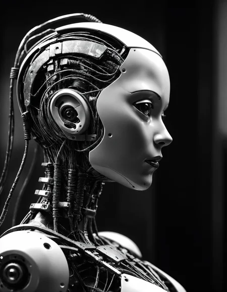 cybernetic robot Talented [Zulu|Cyberpunk] Female Curate, android, AI, machine, metal, wires, tech, futuristic, highly detailed, monochrome grayscale black and white b&w cool shadows warm highlights soft focus black and white classic sound stage vintage film grain scratches patina directed cinematography movie film classic