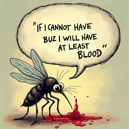 funny mosquito sucking blood , speechbubble saying ' If i cannot have buzz then I will have at least blood'
