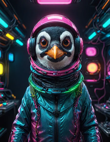 (ombre color scheme of neon pink, neon blue, neon green, neon yellow, neon yellow-red) (in the style of Zdzislaw Beksinski:1.2) (cute:1.25) (anime penguin:1.75) wearing a space helmet sitting at command chair with the lights of the consoles behind, in the style of sci - fi environments, glo - fi, aesthetic, comic, beeple, space background <lora:another-bored-particle:0.55> <lora:add-detail-XL:0.65>, subsurface scattering, ultra hd, 4k, high def, Photorealistic, Hyperrealistic, Hyper detailed, analog style, realistic, masterpiece, best quality, ultra realistic, 8k, Intricate, High Detail, film photography, soft lighting, heavy shadow