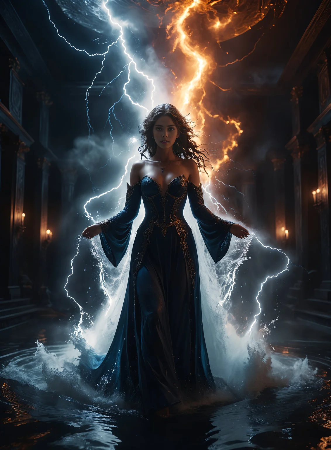 cinematic film still Photography,masterpiece,detailed,A captivating image of an elemental magician in their entirety,a 27-year-old woman,(Huge hair full of lightning bolts:1.1),(surrounded by a whirlpool of water (lightning discharges):1.1),(vortex flows:1.2),as they combine these elements into a spell of cosmic equilibrium,(She is clad in flowing robes whose color varies according to the elements),(and she stands at the apex where the four elemental planes intersect),(Complex details),eerie,(burning eyes:1.3),nightmarish,insane,brilliant,volumetric lighting,distinctive pose,dynamic posture,RTX,lifelike,<lora:add-detail-xl:1>,dark,<lora:zavy-cntrst-sdxl:0.7>,angry,shallow depth of field,vignette,highly detailed,high budget,depth of field,cinemascope,moody,epic,gorgeous,film grain,grainy,<lora:detailed_notrigger:0.8>,