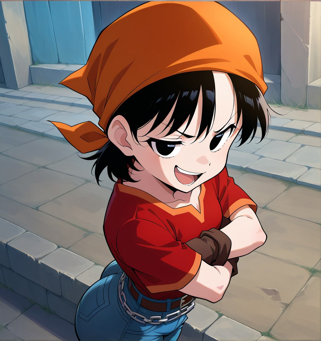(<The-killer-wc_artist>) short black hair, black eyes, smug smile, open mouth, orange bandana, teeth, red shirt, gloves,tight jean pants, belt, chain, hands on hips, small_breasts, smal ass, side view, arms crossed,