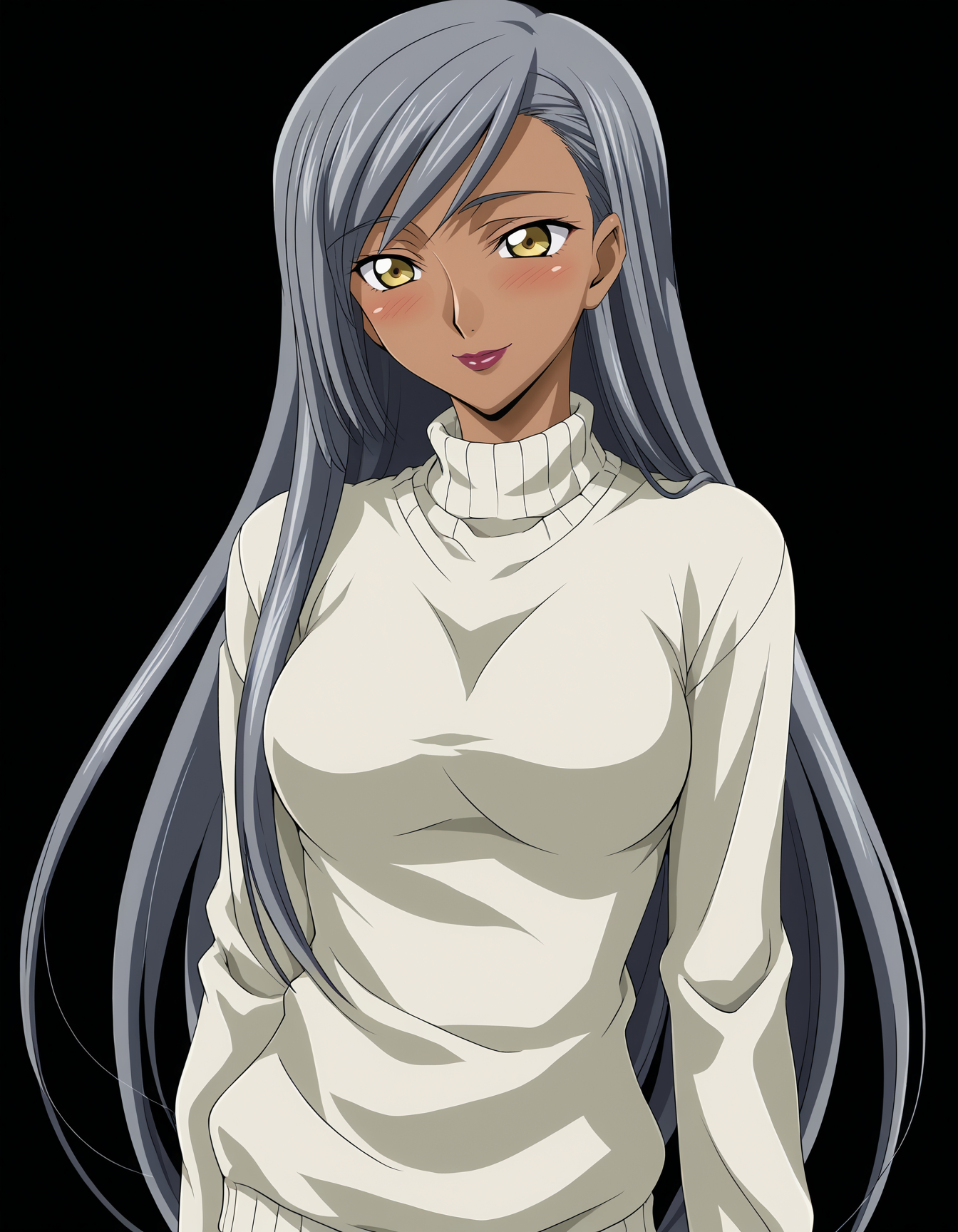 <lora:Villeta_Nu:1> villetta_nu, dark-skinned female, yellow eyes, grey hair, long hair, lipstick, hair down,
smile, cowboy shot, white sweater, blush,, 1girl, solo, simple black background, solid black background