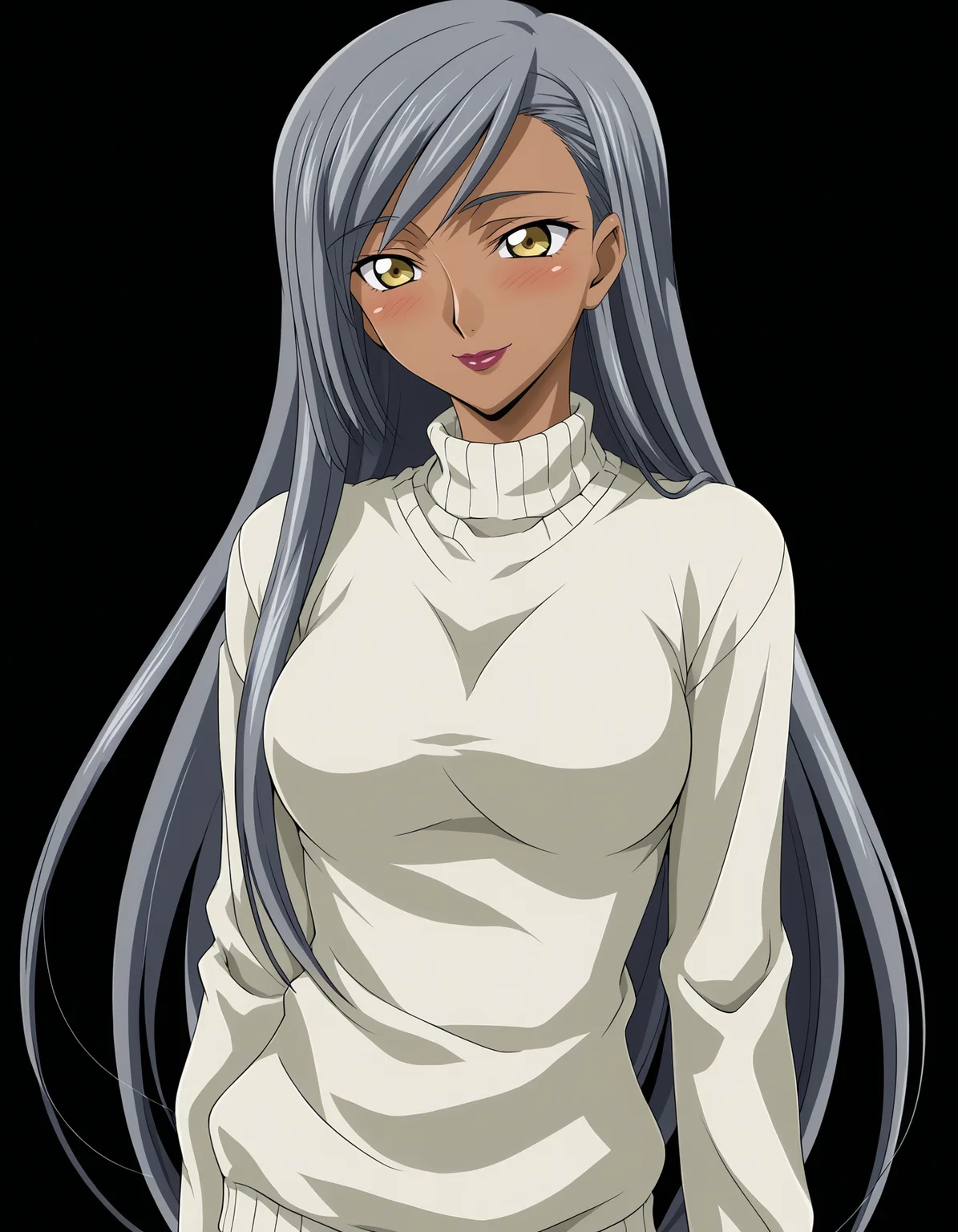 <lora:Villeta_Nu:1> villetta_nu, dark-skinned female, yellow eyes, grey hair, long hair, lipstick, hair down,
smile, cowboy shot, white sweater, blush,, 1girl, solo, simple black background, solid black background
