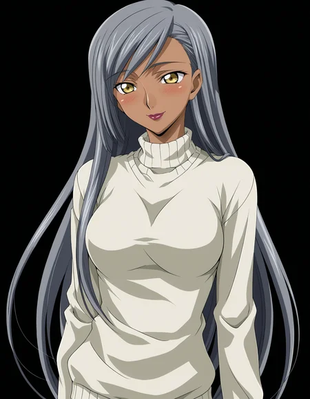 <lora:Villeta_Nu:1> villetta_nu, dark-skinned female, yellow eyes, grey hair, long hair, lipstick, hair down,
smile, cowboy shot, white sweater, blush,, 1girl, solo, simple black background, solid black background