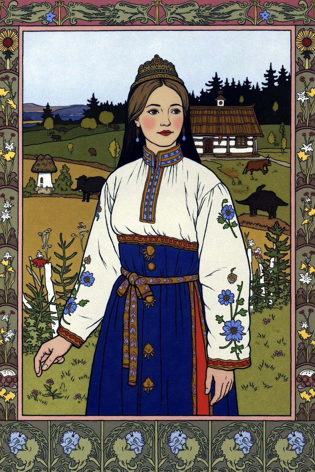 ivanbilibin1 illustration.
A noblewoman stands in a pastoral landscape, dressed in traditional attire. She wears a white blouse with a high neckline, decorated with floral patterns in blue and gold. Decorative borders frame the scene. <lora:ivanbilibin2_cap_d6a3e11:1.0><lora:857295986387596524:0>