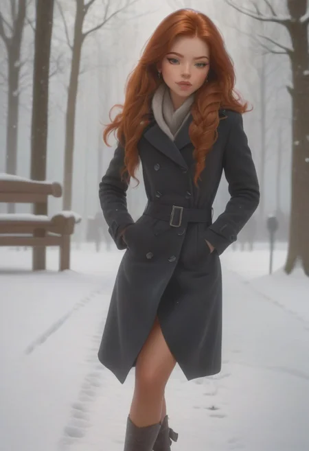 em5588, best illustration, illustration, masterpiece, best quality, ultra-detailed, photo of beautiful woman ,seductive, red hair.coat ,in the park, Winter, snow , masterpiece) (best quality) (detailed) (8k) (HDR) (wallpaper) (cinematic lighting) (sharp focus) (intricate)