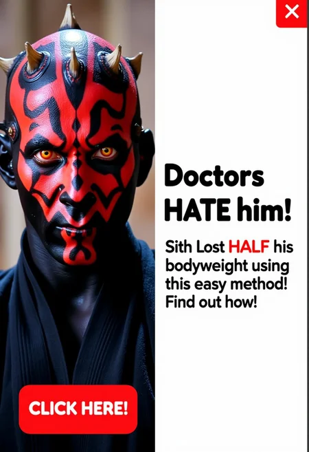 A pop-up ad with an X at the top right corner. A two-panel image styled as a clickbait internet ad. The left panel shows Darth Maul from the waist up, looking directly at the viewer with his red and black facial markings, intense.. The right panel features a plain white background with bold, black text that says:
"Doctors HATE him!" underneath the text reads
"Sith Lost HALF his bodyweight using this easy method!
Find out how!"
At the bottom of the right panel, there’s a bold red button that says 'CLICK HERE!' in large, attention-grabbing font, creating a classic spammy pop-up ad look.
aidmatextimprover