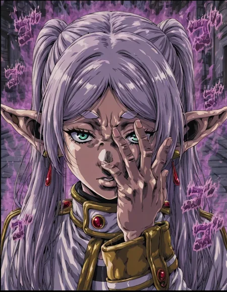 <lora:illustriousXLv01_stabilizer_v1.185c:0.7>1girl,frieren,menacing \(jojo\),upper body,araki hirohiko \(style\),portrait,outdoors,street,aura,chuunibyou,masterpiece,hand over face,