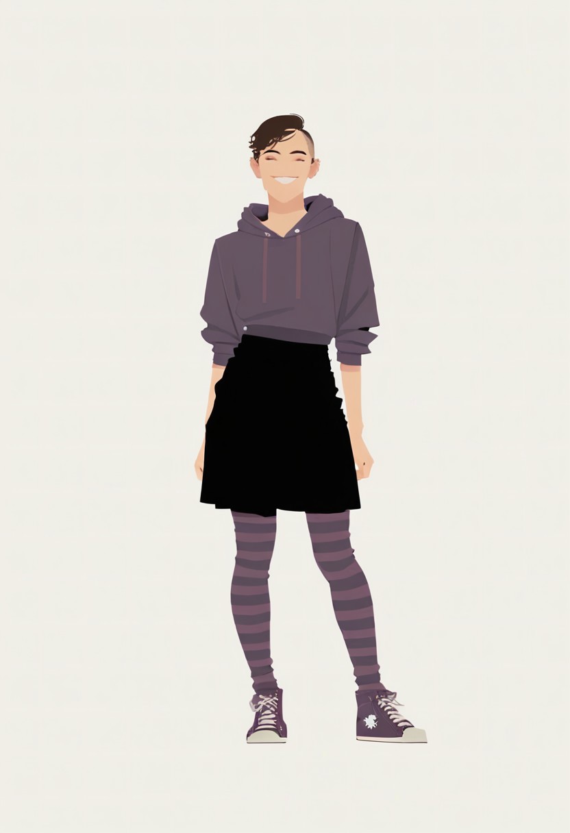 score_9, score_8_up, score_7_up, score_6_up  dnd,1girl, 1girl, warm smile, dark brown bobcut, purple hoodie, black skirt, thigh high striped socks, purple converse sneakers, full body <lora:dnd_flat:0.95>