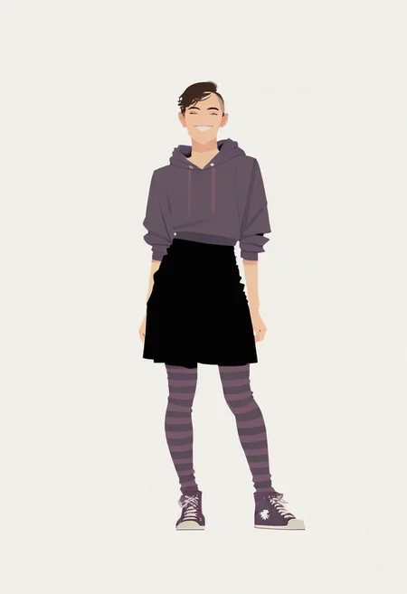 score_9, score_8_up, score_7_up, score_6_up  dnd,1girl, 1girl, warm smile, dark brown bobcut, purple hoodie, black skirt, thigh high striped socks, purple converse sneakers, full body <lora:dnd_flat:0.95>