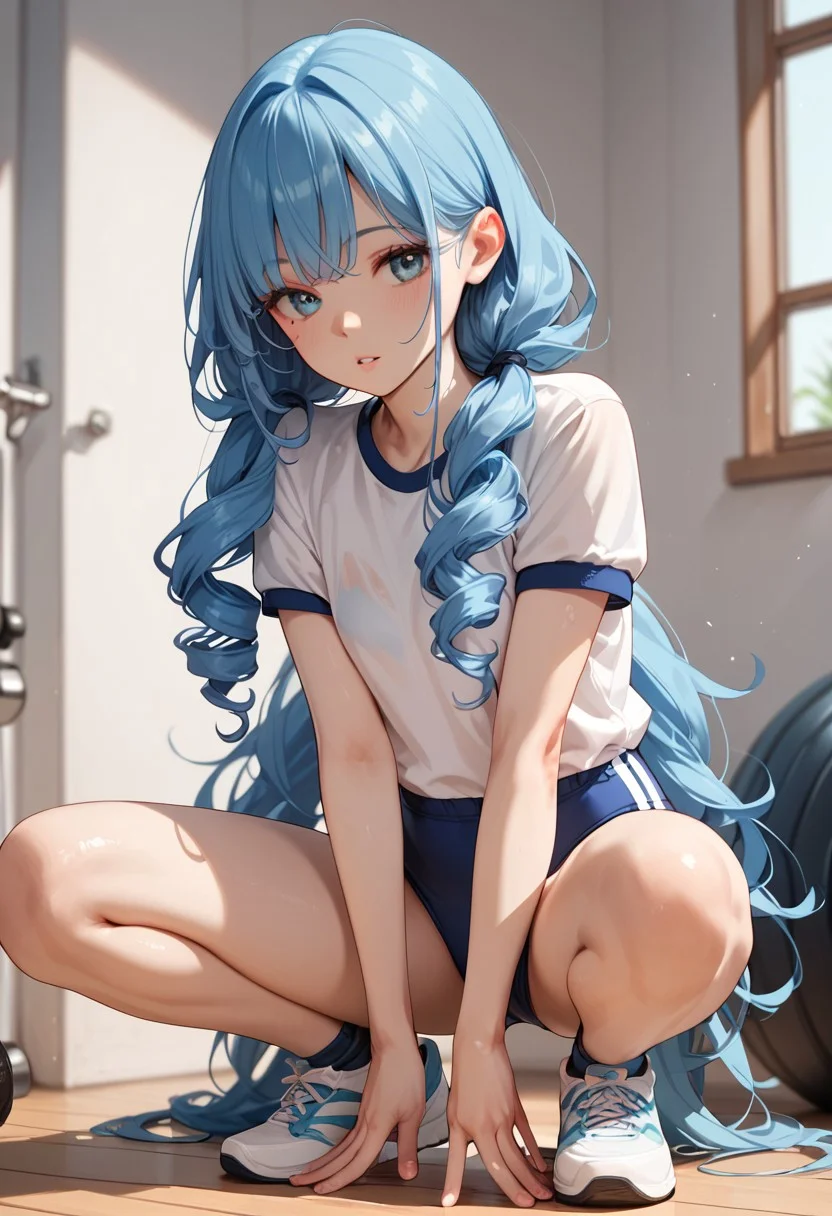 score_9, score_8_up, score_7_up, score_6_up, score_9, score_8_up, 1girl, very long blue hair, bangs, curly pigtails, slim body, small chest, mole, parted lips,  squatting, gym outfit.