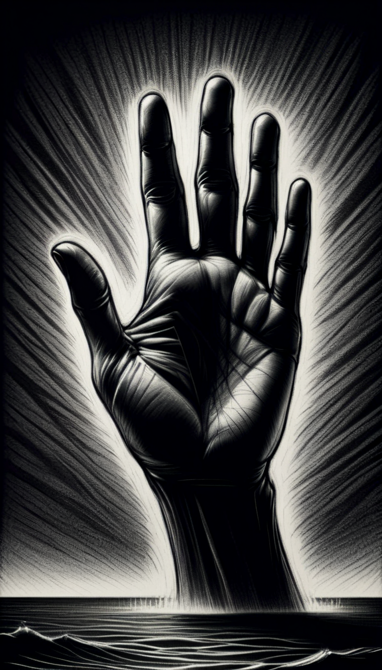 monochrome greyscale noise grainy dirty charcoal drawing of <lora:CharcoalDarkStyleXL:1>CharcoalDarkStyle a giant's hand reaching out from beneath the ocean dark black background black vignette