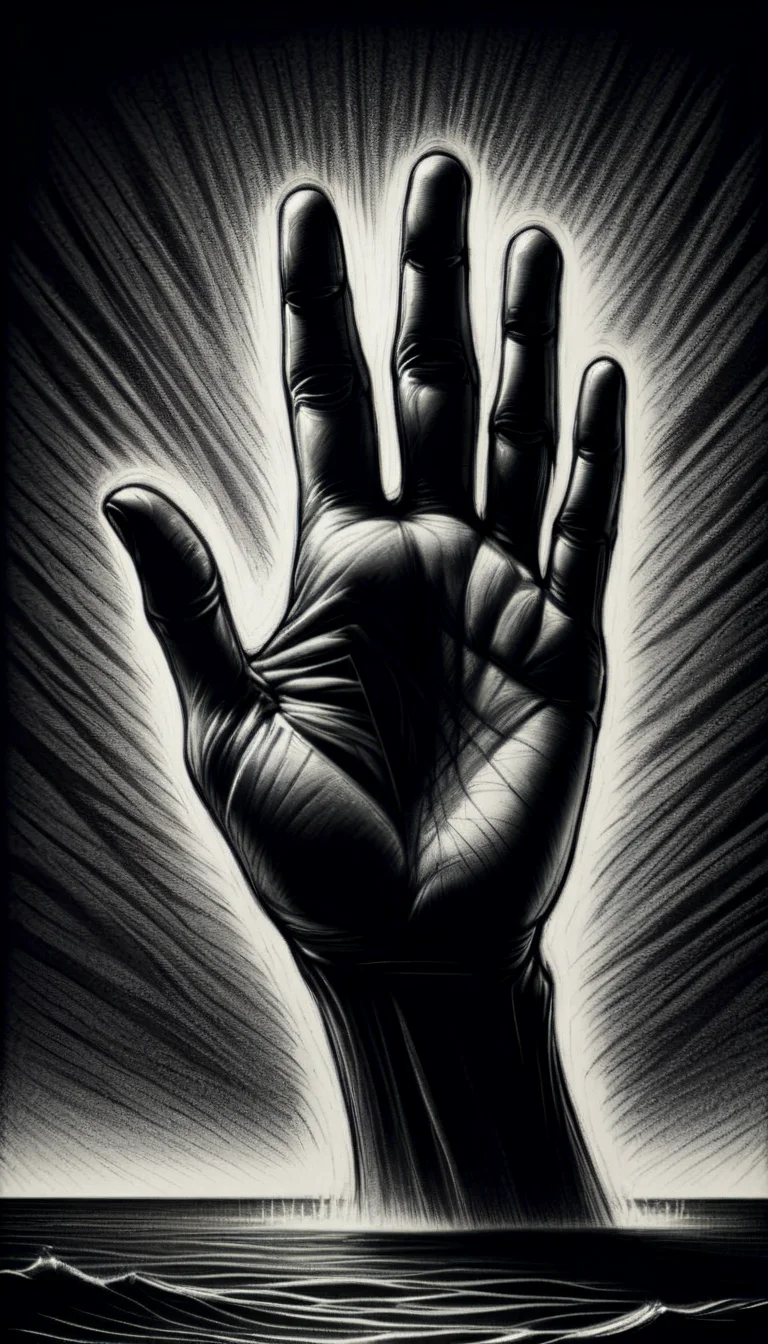 monochrome greyscale noise grainy dirty charcoal drawing of <lora:CharcoalDarkStyleXL:1>CharcoalDarkStyle a giant's hand reaching out from beneath the ocean dark black background black vignette