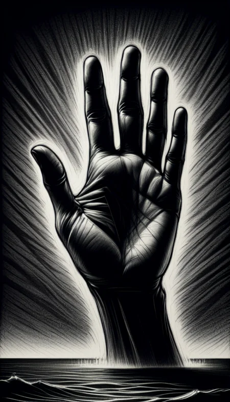 monochrome greyscale noise grainy dirty charcoal drawing of <lora:CharcoalDarkStyleXL:1>CharcoalDarkStyle a giant's hand reaching out from beneath the ocean dark black background black vignette
