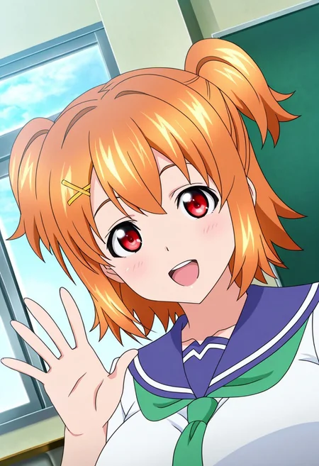 general,highres, ultra-detailed,very aesthetic,best quality ,best hands,best eyes,easynegative,
dynamic anglre, dutch angle, anime cloring,anime screencap,
1girl solo,looking at viewer,school, smile, open mouth, waving hand,
Inaho KUSHIYA,orange hair, short_hair, short twintails, huge_breasts, red eyes, hairclip, serafuku,
