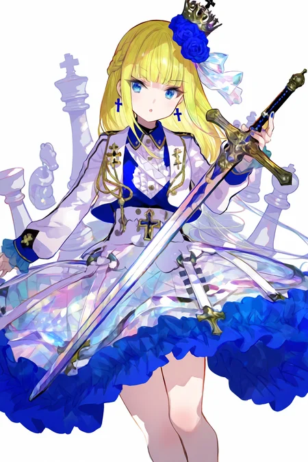 1girl, 
fuzichoco, 
aiguillette, bishop \(chess\), blue eyes, blue flower, blue nails, blunt bangs, braid, center frills, chess piece, crinoline, cropped jacket, cropped legs, cross, cross earrings, crown, dress, earrings, flower, frilled dress, frilled sleeves, frills, hair flower, hair ornament, hair ribbon, jacket, jewelry, king \(chess\), knight \(chess\), long hair, mini crown, oversized object, parted lips, pawn \(chess\), pillar, queen \(chess\), ribbon, rook \(chess\), sidelocks, solo, white background, white hair, white jacket
best quality, amazing quality, year 2023, year 2024,
A young girl with long blonde hair and blue eyes. she is wearing a black and white dress with a ruffled collar and cuffs. the dress has a high neckline and long sleeves. the skirt of the dress is full and flows down to the floor. the girl is holding a sword in her right hand and is standing on one leg with the other leg bent at the knee. she has a crown on her head and is looking off to the side with a serious expression on her face. the background is white and there are several chess pieces scattered around the girl, including a king and queen.
very aesthetic, absurdres