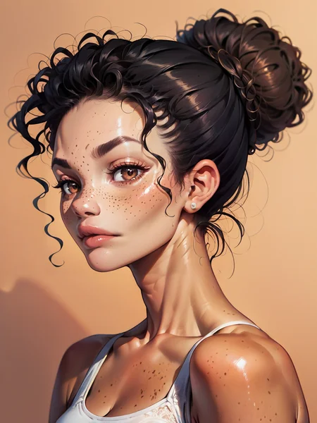 score_9, score_8_up, score_7_up, score_6_up, score_5_up, score_4_up, <lora:m1xd0llXLP2:0.7> curly hair, 1girl, m1xd0ll, black hair, hair bun, tan skin, freckles, brown eyes, portrait