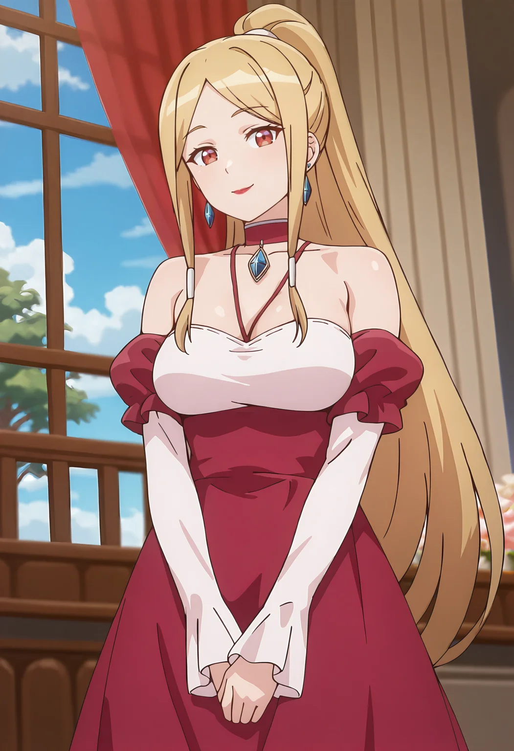 best quality, amazing quality, perfect quality, high quality, masterpiece, absolutely eye-catching BREAK
<lora:Im_the_Evil_Lord_of_an_Intergalactic_Empire_-_Darcy_Sera_Banfield:1> OreAkuDarcy, red eyes, blonde hair, very long hair, high ponytail, parted bangs, long sidelocks, white hair tubes, red lipstick, medium breasts, mature female BREAK
long dress, two-tone dress, red dress, white dress, detached sleeves, long sleeves, bare shoulders, red choker, pendant choker, crystal earrings BREAK
indoors, mansion, curtains, windows, pillars, tree, blue sky BREAK
1girl, solo, standing, smile, looking at viewer, head tilt, dutch angle, cowboy shot