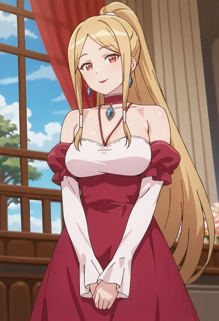 best quality, amazing quality, perfect quality, high quality, masterpiece, absolutely eye-catching BREAK
<lora:Im_the_Evil_Lord_of_an_Intergalactic_Empire_-_Darcy_Sera_Banfield:1> OreAkuDarcy, red eyes, blonde hair, very long hair, high ponytail, parted bangs, long sidelocks, white hair tubes, red lipstick, medium breasts, mature female BREAK
long dress, two-tone dress, red dress, white dress, detached sleeves, long sleeves, bare shoulders, red choker, pendant choker, crystal earrings BREAK
indoors, mansion, curtains, windows, pillars, tree, blue sky BREAK
1girl, solo, standing, smile, looking at viewer, head tilt, dutch angle, cowboy shot