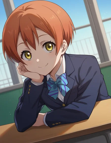 score_9, score_8_up, score_7_up, source_anime, <lora:rin-hoshizora-s1-ponyxl-lora-nochekaiser:1>, rin hoshizora, short hair, jacket, yellow eyes, orange hair, pixie cut,, skirt, school uniform, jacket, blazer, winter uniform, otonokizaka school uniform,, indoors, smile, looking at viewer, solo, sitting, head rest, table,, cowboy shot, dutch angle