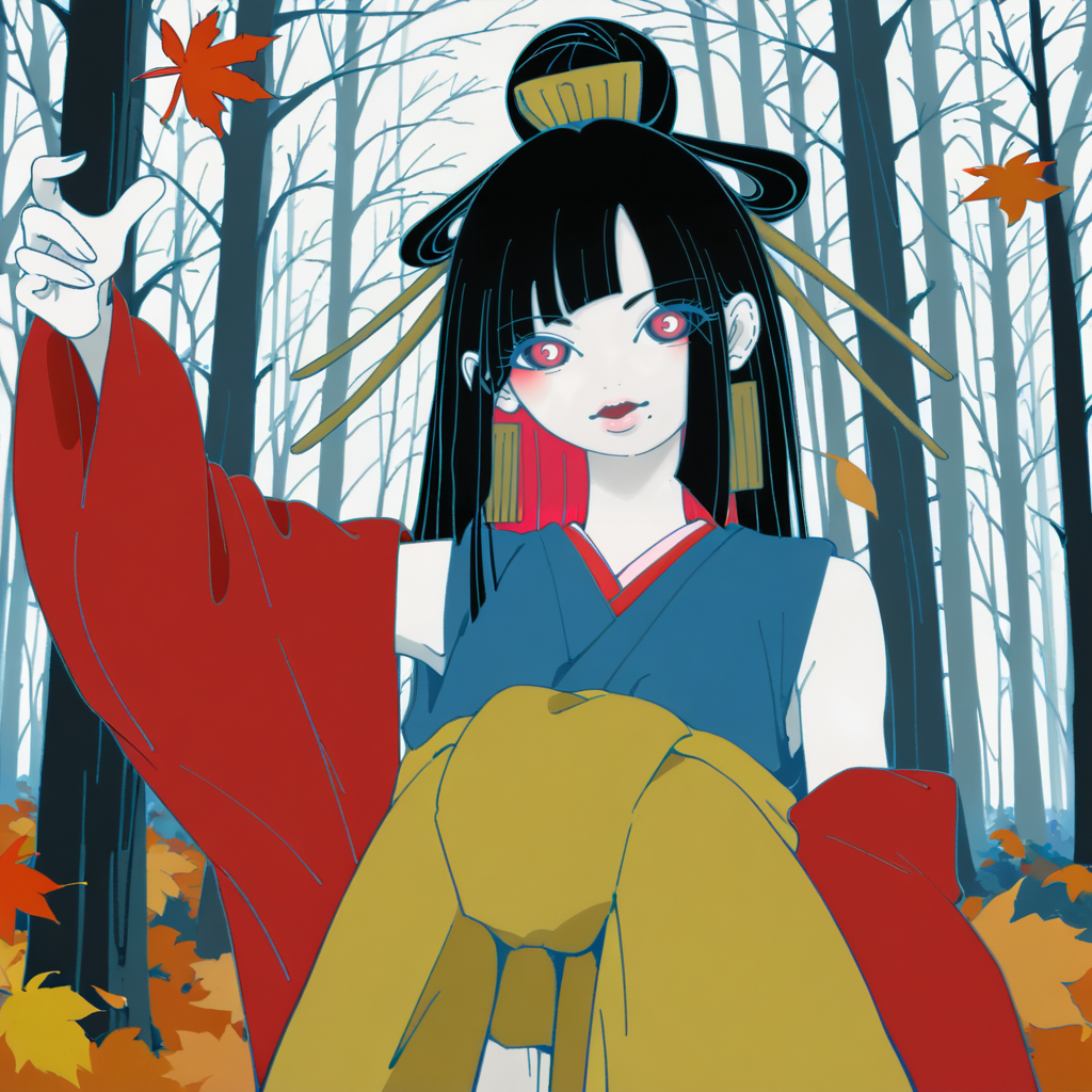 ink drawing, black and white with red details, score_9, score_8_up, score_7_up, score_6_up, score_5_up BREAK t1u5, 1girl, mole under mouth, colored sclera, pink eyes, symbol-shaped pupils, long hair, black hair, blue kimono, sleeveless, earrings, hair stick, hime cut, sidelocks, hair ornament, colored inner hair, yellow obi, red sleeves, detached sleeves, cowboy shot, pale skin, looking at viewer, solo, <lora:tukiGirlPDXL16v0.95cametx1:0.9>, autumn forest, short black hair, falling leaves, monochrome