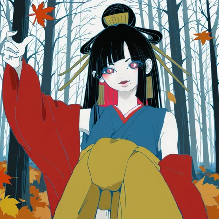ink drawing, black and white with red details, score_9, score_8_up, score_7_up, score_6_up, score_5_up BREAK t1u5, 1girl, mole under mouth, colored sclera, pink eyes, symbol-shaped pupils, long hair, black hair, blue kimono, sleeveless, earrings, hair stick, hime cut, sidelocks, hair ornament, colored inner hair, yellow obi, red sleeves, detached sleeves, cowboy shot, pale skin, looking at viewer, solo, <lora:tukiGirlPDXL16v0.95cametx1:0.9>, autumn forest, short black hair, falling leaves, monochrome