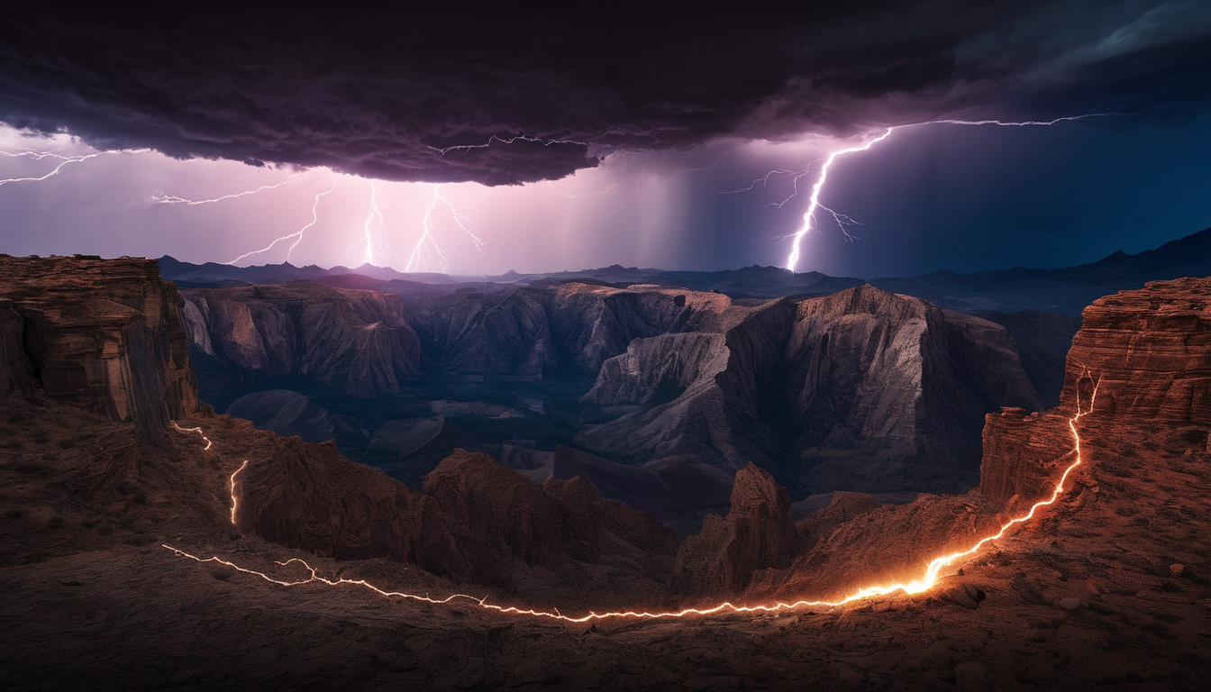 amazing photograph of gorgeous view, award winning, breathtaking, photo of the year, 4k, hyperrealistic, dramatic lighting  <lora:Earth35_000010:0.4> <lora:Landscape_Unleashed:0.8>
 A striking view of a mountainous landscape with a lightning bolt in the sky above the hills. The picture captures the power and beauty of nature as the electrical storm creates a dramatic backdrop to the majestic scenery below. The clouds are visible, giving a sense of depth and movement to the sky. This breathtaking scene highlights the delicate balance between natural elements and their interplay within an expansive landscape.