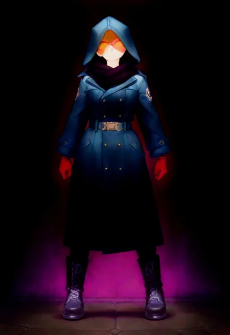 masterpiece, dark, full portrait, amber, 4k
female, age 18, standing, head tilt left, charge, dynamic pose
Coat: A loose, baggy women's coat with a hood, in a deep violet or dark burgundy shade. The fabric has a soft but sturdy texture, giving it a slightly dramatic drape.
Scarf: A thick, dark scarf made of chunky, soft fiber (possibly wool or a similar material), wrapped over the coat to cover the neck for warmth and style.
Gloves: Half-finger gloves made of black fiber, slightly textured, giving a casual yet edgy feel.
Boots: Black gothic boots with chrome accents, such as metallic toecaps, buckles, or decorative studs. The boots are sturdy, slightly oversized, and lace-up to complement the overall look.
Silhouette: A slightly oversized and relaxed aesthetic, with baggy elements contributing to a cozy, mysterious vibe.
neon eyes