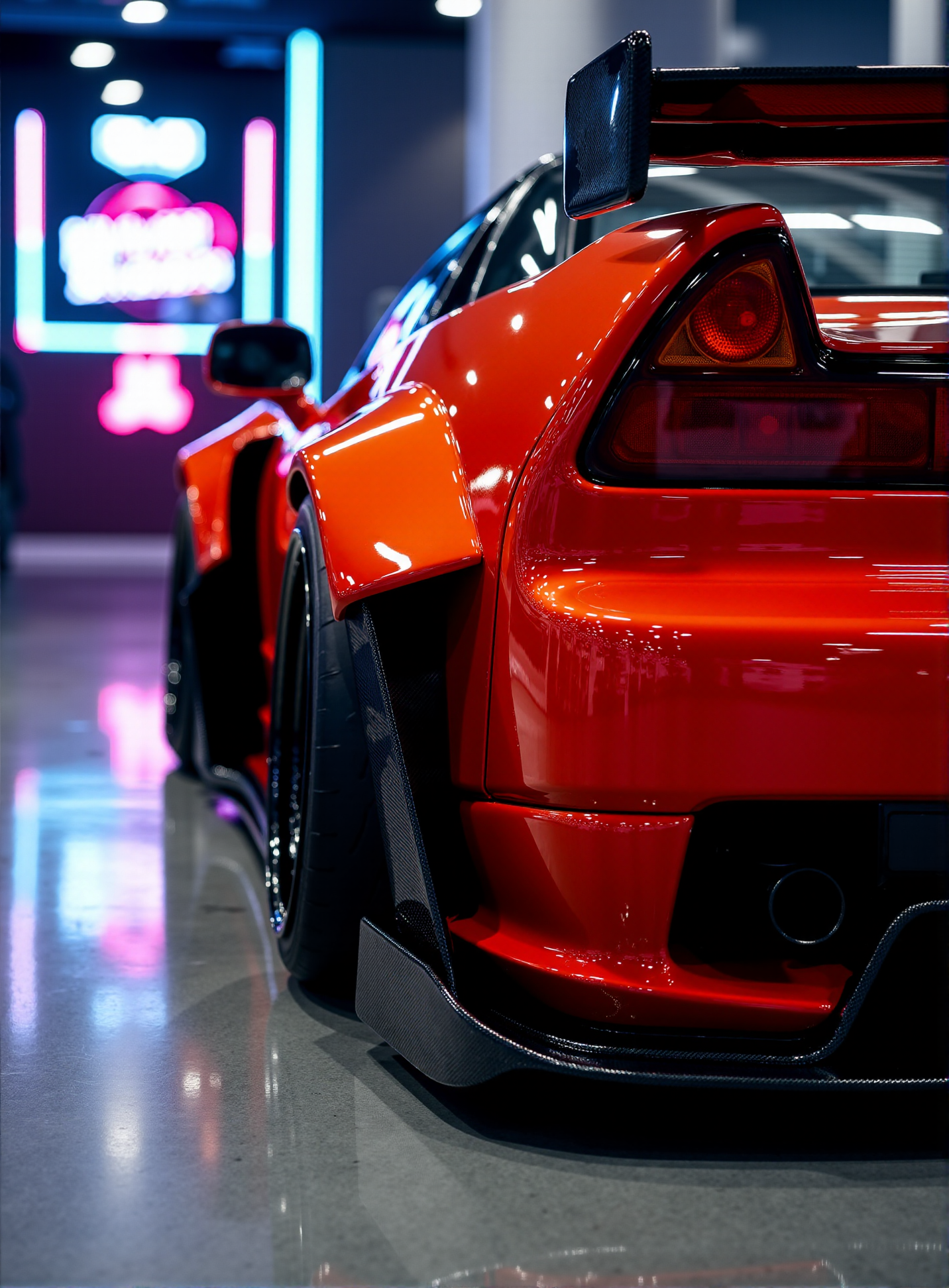 <lora:Honda_NSX:0.80>
(A deep focus shot:1.3) of the Honda NSX NA1, a widebody show car sculpted for both aggression and elegance, finished in Ember Obsidian—a molten red-orange with a blackened undertone that smolders under the showroom lights. From this side perspective, the full brutality of the widened front fender is on display, with the wing-like curve above the wheel arch catching streaks of sharp highlights that accentuate the sheer width and sculptural precision of the bodywork. The deep concave Volk Racing TE37 Ultra wheels, finished in gloss black, sit menacingly beneath the widened arch, their presence amplified by the stance of the NSX, which is impossibly low, hugging the floor with a near-track-ready posture. The razor-thin panel gaps between the overfender and the original body reflect masterful craftsmanship, the subtle rivets giving a motorsport-inspired, yet refined, aesthetic. The carbon-fiber side skirt, seamlessly integrated into the widebody kit, leads the eye along the profile, its high-gloss weave catching fleeting glints of the surrounding exhibition lights. This side-focused close shot intensifies the presence of the Honda NSX NA1, exaggerating its ultra-aggressive silhouette while keeping the composition hyper-detailed and refined. The background is blurred into a dreamy haze of neon-lit reflections on polished concrete, making the Ember Obsidian paint the true star of the image, its smoldering intensity flickering with every shift of light. This isn’t just a modified NSX—it’s an artistic statement of speed, power, and bespoke craftsmanship, captured from an angle that reveals its full, imposing stance.