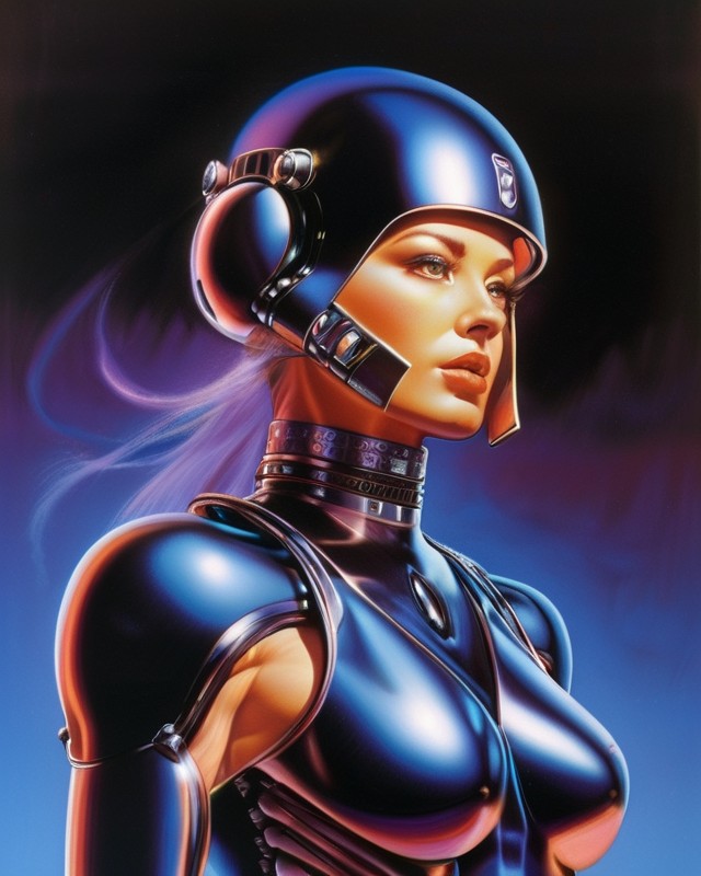 by Hajime Sorayama the-pride-of-Imperial-Ireland, Painstaking Attention To Details, subsurface scattering, microgeometry BREAK portrait, looking away, solo, half shot, detailed background, close up, detailed face, (arcane magic spellcaster spelltech theme:1.1), futuristic glowing armor, dynamic pose, epic spaceship in background, saddlebrown color lights, neon lights, lasers, cinematic atmosphere