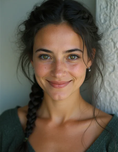 A charming lady with a mischievous smile,Side braid,Dark gray hair,upper body shot,,(detailed masterpiece intricate details award winning lots of details),Kodak portra 400,Light and shadow plays,<lora:real-lora:1>
