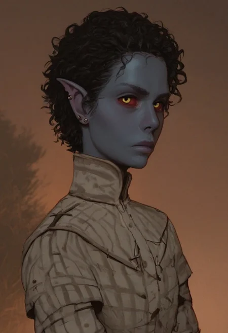solo, short pointy ears, full body, piercings, random elf face, aquiline features, male dark elf, masculine, facial hair, brow rings, beaded piercings, weathered skin, blue-grey skin, chiseled features, large nose, insect chitin armor, insect chitin helmet, insect chitin ornaments, stylized insect pattern, athletic build,  animated realism, zoomed out, Syrian features, torso, yurts, tents, native camp, elegant berber tapestries, dead desert trees, ash dunes, distant volcano, ashy soil, grey green foliage, distant grey hills, sunrise, gloomy lighting, grey fabric awnings, dark wood posts, light dust clouds, grey-blue skin, mahogany and ivory clothes, medium armor, bone plate armor, ivory straps and fittings, alien bone ornaments, grey wood neckguard, red sclera, black pupils, blue-green light, neon, highly detailed, defined features, looking at viewer, three quarters view, from side, dynamic lighting, 29 years old, light and shadows, patterned cloth, annoyed expression, expressive eyes, detailed medieval clothes, short hair, wavy hair, thick hair, beaded hair, braided hair, under cut hair, semirealistic, alien elf, spanish features, jewish features, black hair, dark red hair, umber skin, sharp features, pastel green inuit print cloak, nighttime, high detail, absurdres, pretty eyes, detailed eyes, yellow eyes,