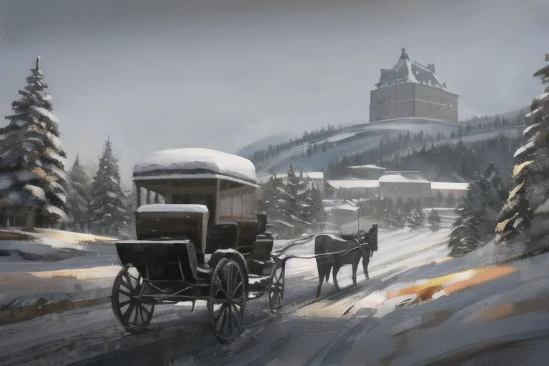 a painting of a horse drawn carriage on a snowy road with a castle in the background and people on the side