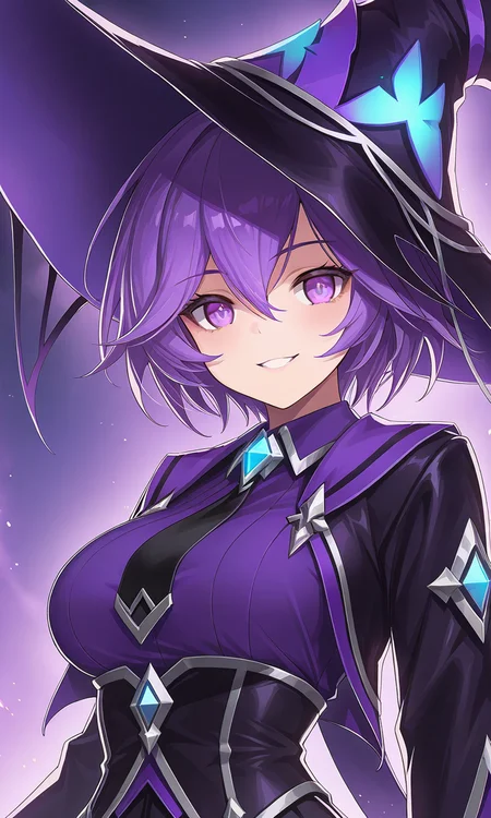 best quality, masterpiece, amazing quality, 1girl, solo, (upper body:1.5), Phantom Warlock, black witch hat, purple eyes, purple hair, short hair, black footwear, black skirt, torn thighhighs, purple shirt, looking at viewer, evil grin, 