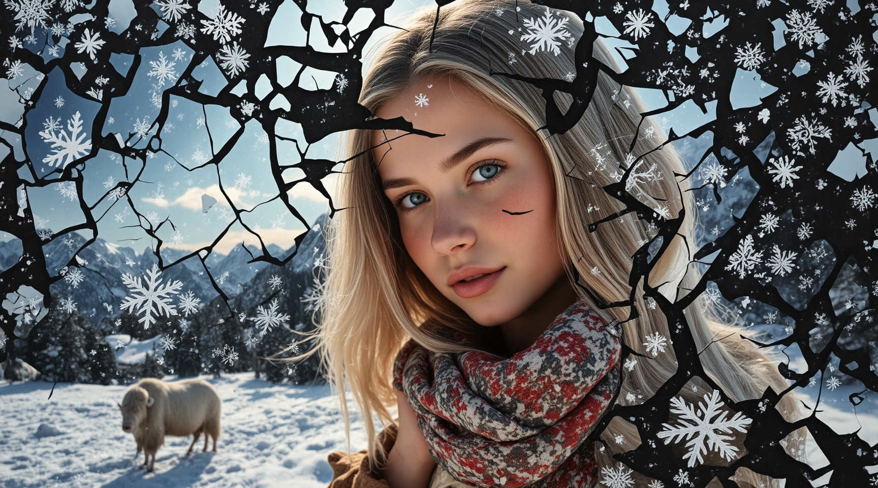 high definition  white on white  cracked mirror pieces snowflakes layered exploding poster in cracked mirror pieces  on the black  background professional  postcard, landscape,  many  parts in one art,  photography painting on canvas luminism  ,   close up  beautiful ransparent girl portrait looking at camera snow mountains, yaks caravan , aurora borealis,  lights and shadows intricated play dynamic movement Kuindzhi Rockwell,  expressive brushstrokes mixed with wash masterpiece , transparence intricated lighting, dynamic shadow play high deepness cinematic hyperrealistic texture  vintage airy