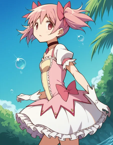 score_9, score_8_up, score_7_up, source_anime, <lora:madoka-kaname-s1-ponyxl-lora-nochekaiser:1>, madoka kaname, short hair, ribbon, twintails, hair ribbon, pink hair, pink eyes, short twintails,, skirt, gloves, dress, bow, choker, puffy sleeves, white gloves, magical girl, bubble skirt,, island, water, tropical, trees, isolation, , from side, looking at viewer, solo,, dutch angle, cowboy shot