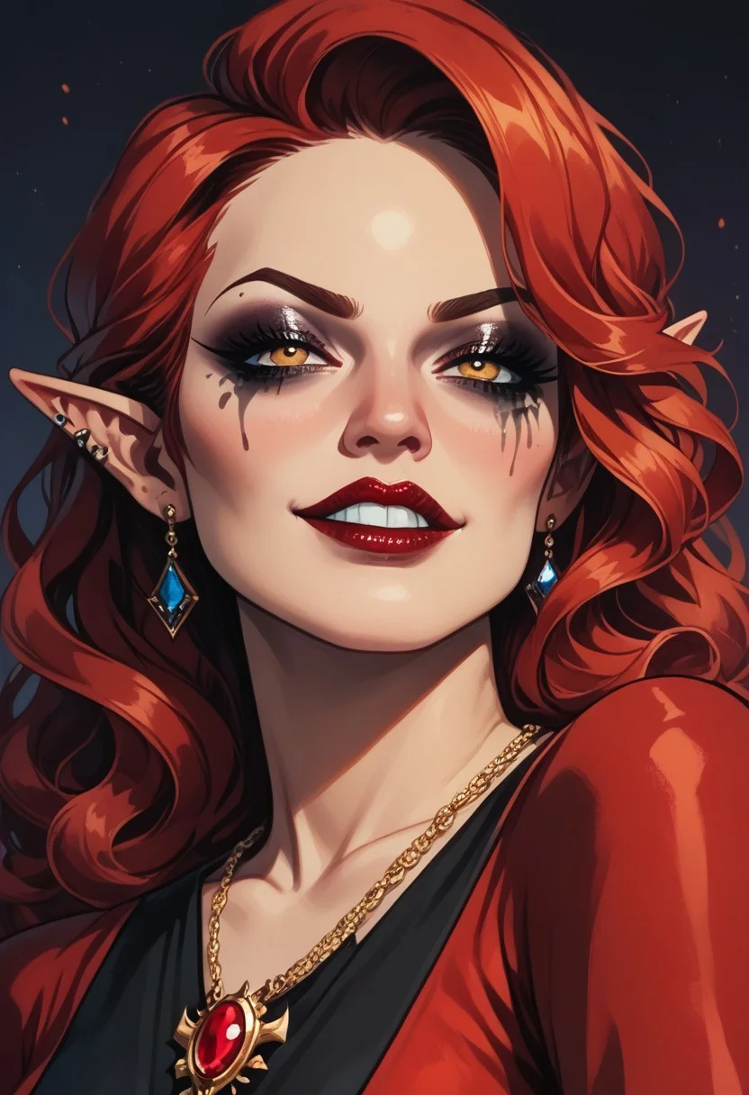 score_9, score_8_up, score_7_up, BREAK, 1woman portrait, beautiful, dramatic lights ((Elf, goth, goth makeup, seductive, seductive smile, long red wavy hair, red hair, smug, grin, mascara, eyeshadow, heavy makeup, mature, mature woman, royal, regal, elegant, jewels, jewelry, ruby jewelry. ruby, ruby neckless, golden eyes, latina, latina skin, latina woman, medival, medival clothing, fantasy toga, golden tog, golden dressa))