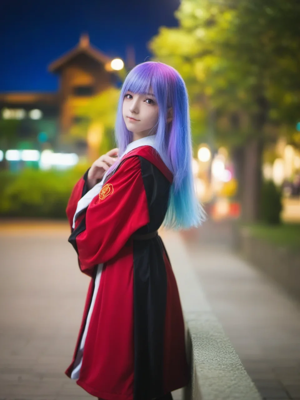 night, light, depth_of_field, 1girl, building, close up, cosplay photo, solo, muticolour_hair, looking_at_viewer <lora:sysuv9:0.7>